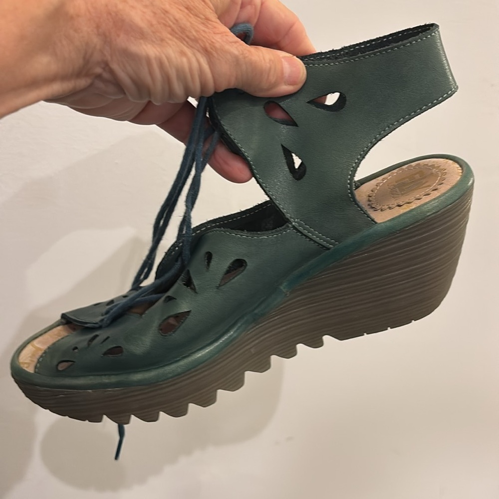 Fly London Teal Green Cutout Lace-Up Wedge Sandals